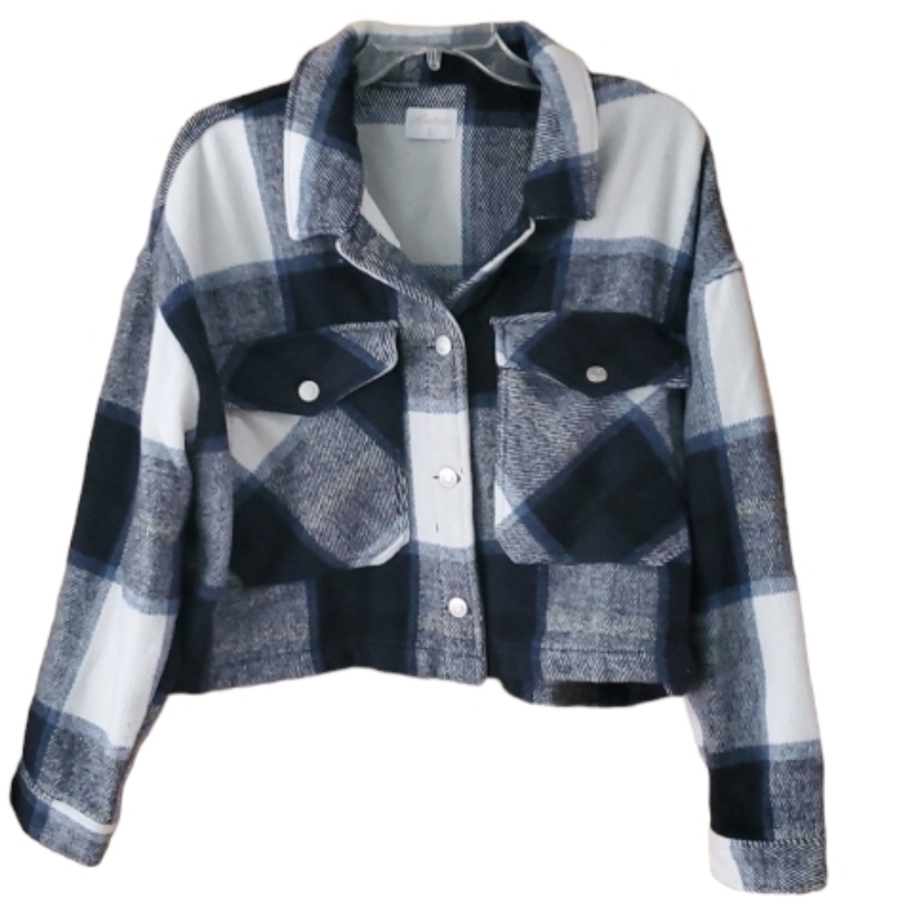 Miss Posh Womans Navy Plaid Cropped Flannel Jacket‎ Size Large